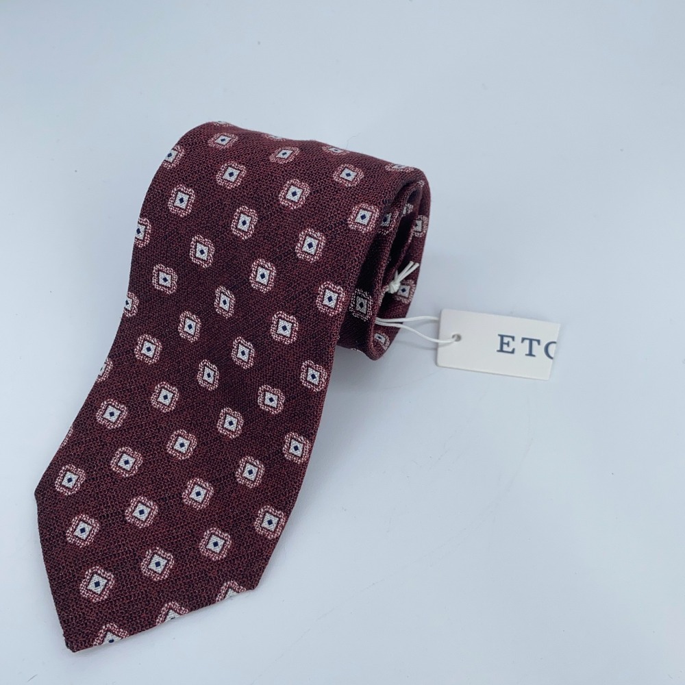 Eton Tie Mens One Size Maroon White Patterned Silk Blend Luxury Necktie Made